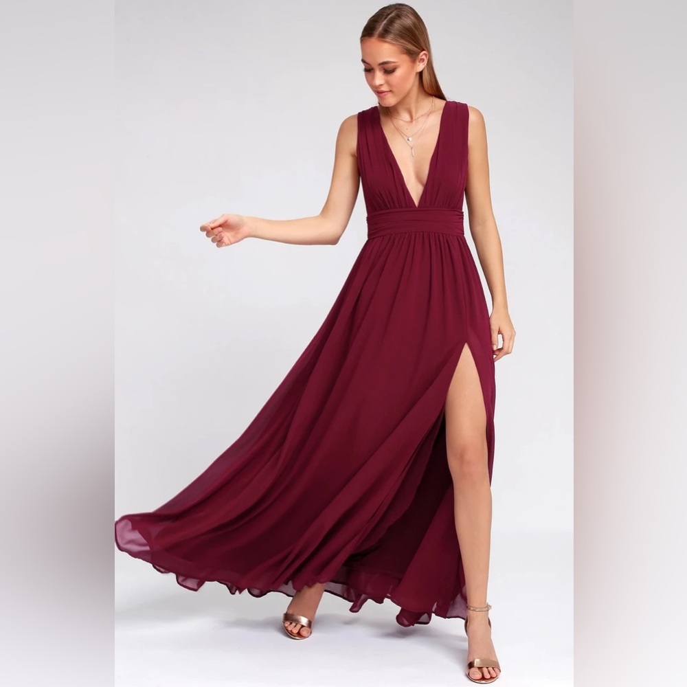 Lulus Burgundy V Neck Chiffon Dress